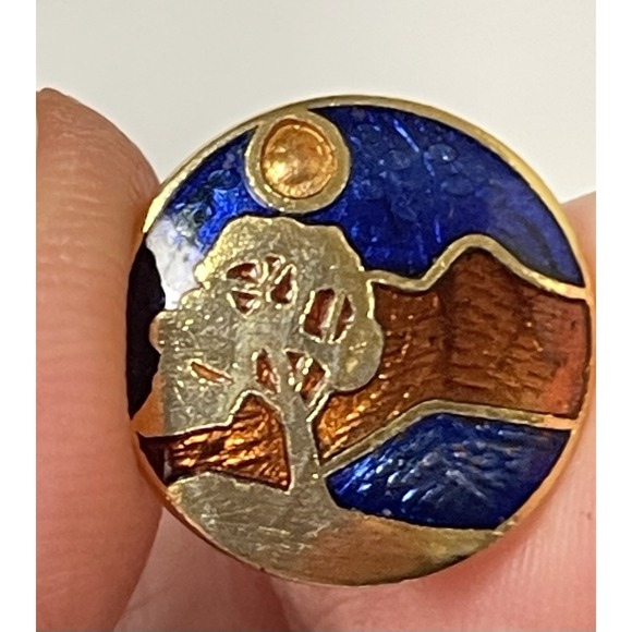 Vtg Cloisonné  Enamel Landscape Earrings 5/8" Round Gold Blue Brown FREE Pair - Picture 4 of 9